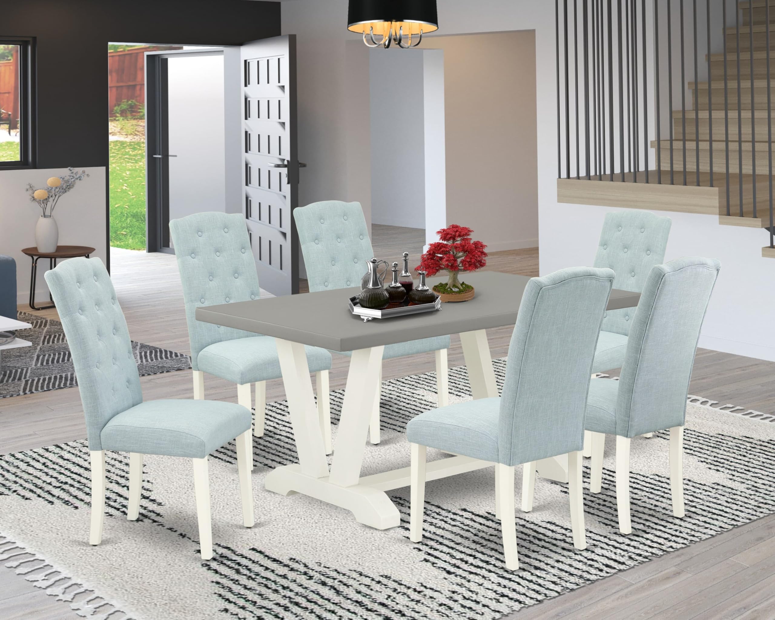 East West Furniture V096Ce215-7 7 Piece Dining Room Furniture Set Consist Of A Rectangle Dining Table With V-Legs And 6 Baby Blue Linen Fabric Upholstered Chairs, 36X60 Inch, Multi-Color